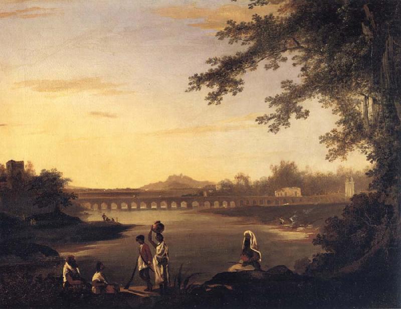 unknow artist A View of Marmalong Bridge with a Sepoy and Natives in the Foreground china oil painting image